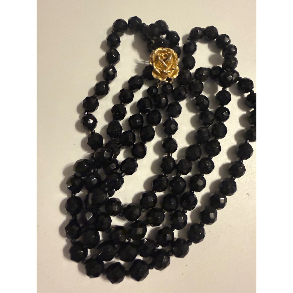 Vintage Black Faceted Bead 3-Strand Necklace Gold Tone Rose Clasp 22 Inch
